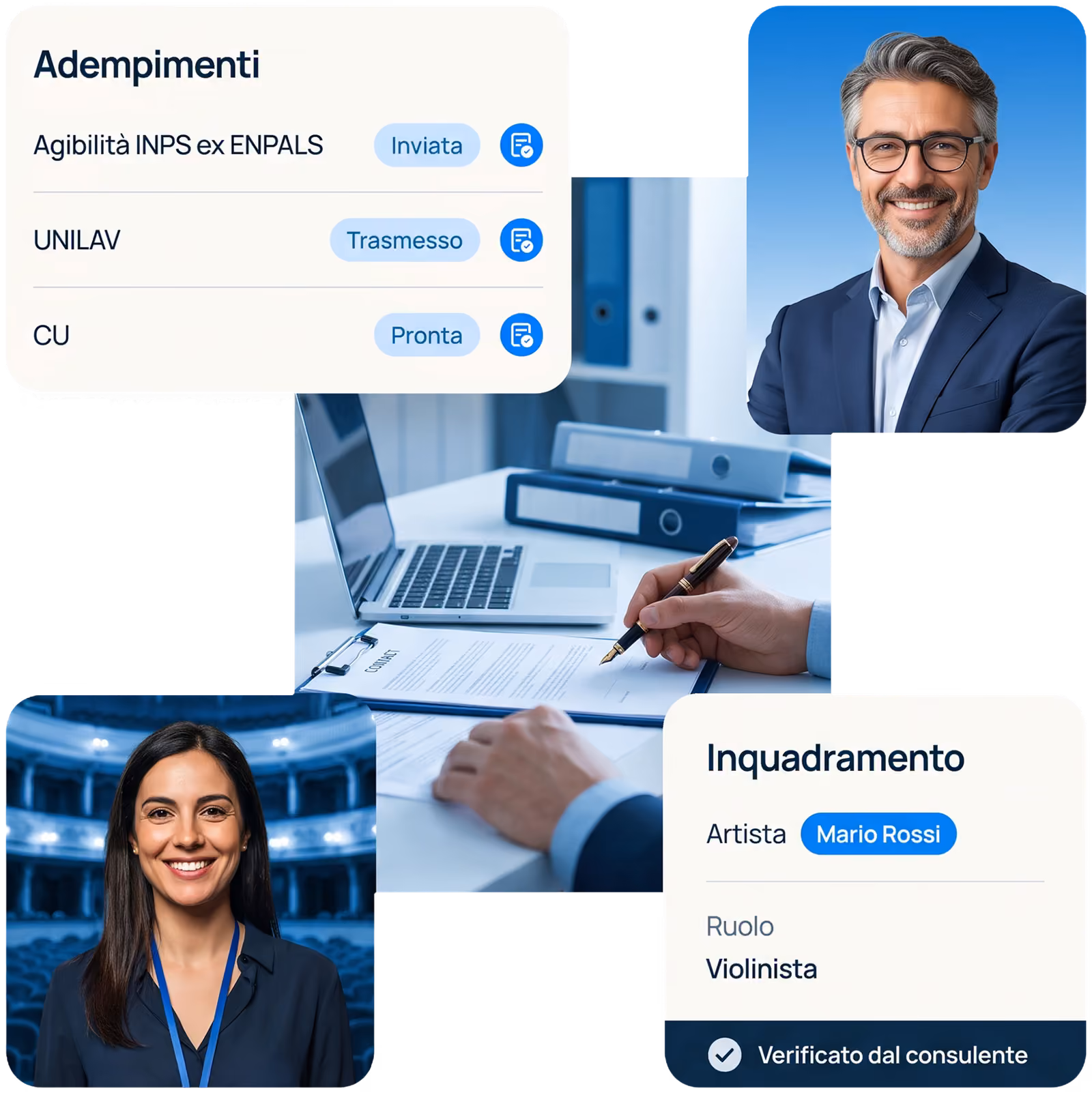 Le pratiche di agibilità INPS ex ENPALS, UNILAV e CU e l'inquadramento di un artista verificato dal consulente, accanto a un consulente del lavoro e a un'organizzatrice sorridenti